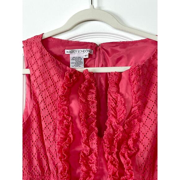 Maggy London Coral Eyelet V Neck A Line Dress Size 12 - Picture 4 of 9